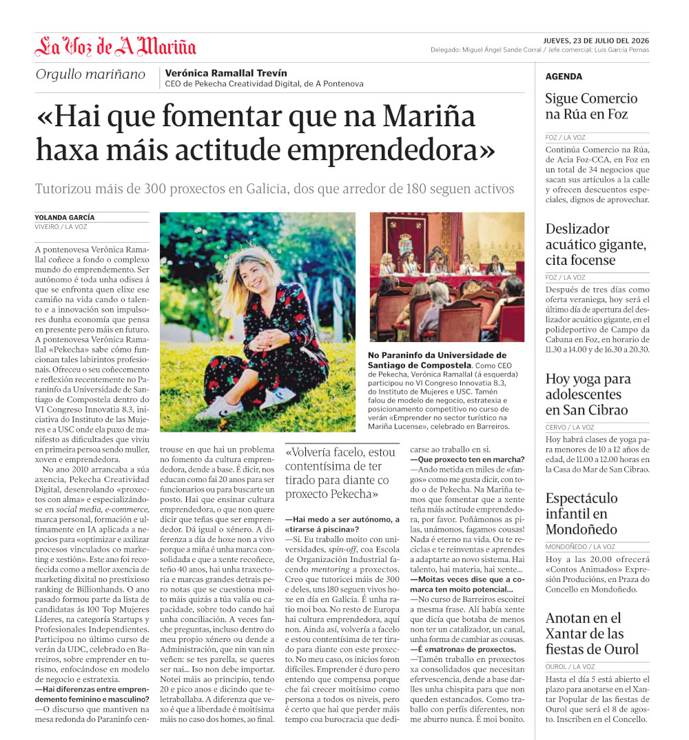 Entrevista a nuestra CEO, Verónica Ramallal, en La Voz de Galicia (A Mariña)